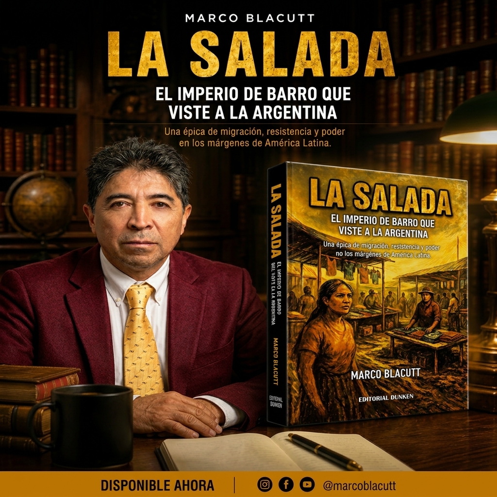 Marco Blacutt junto a su libro La Salada: El Imperio de Barro que Viste a la Argentina